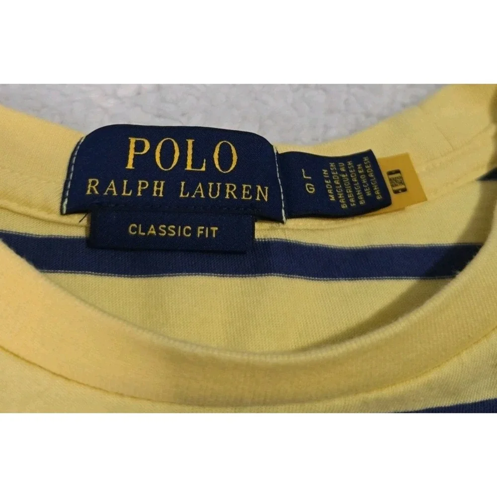 Polo Ralph Lauren Mens L T-Shirt Yellow Navy Blue Striped Classic Fit Pony Logo